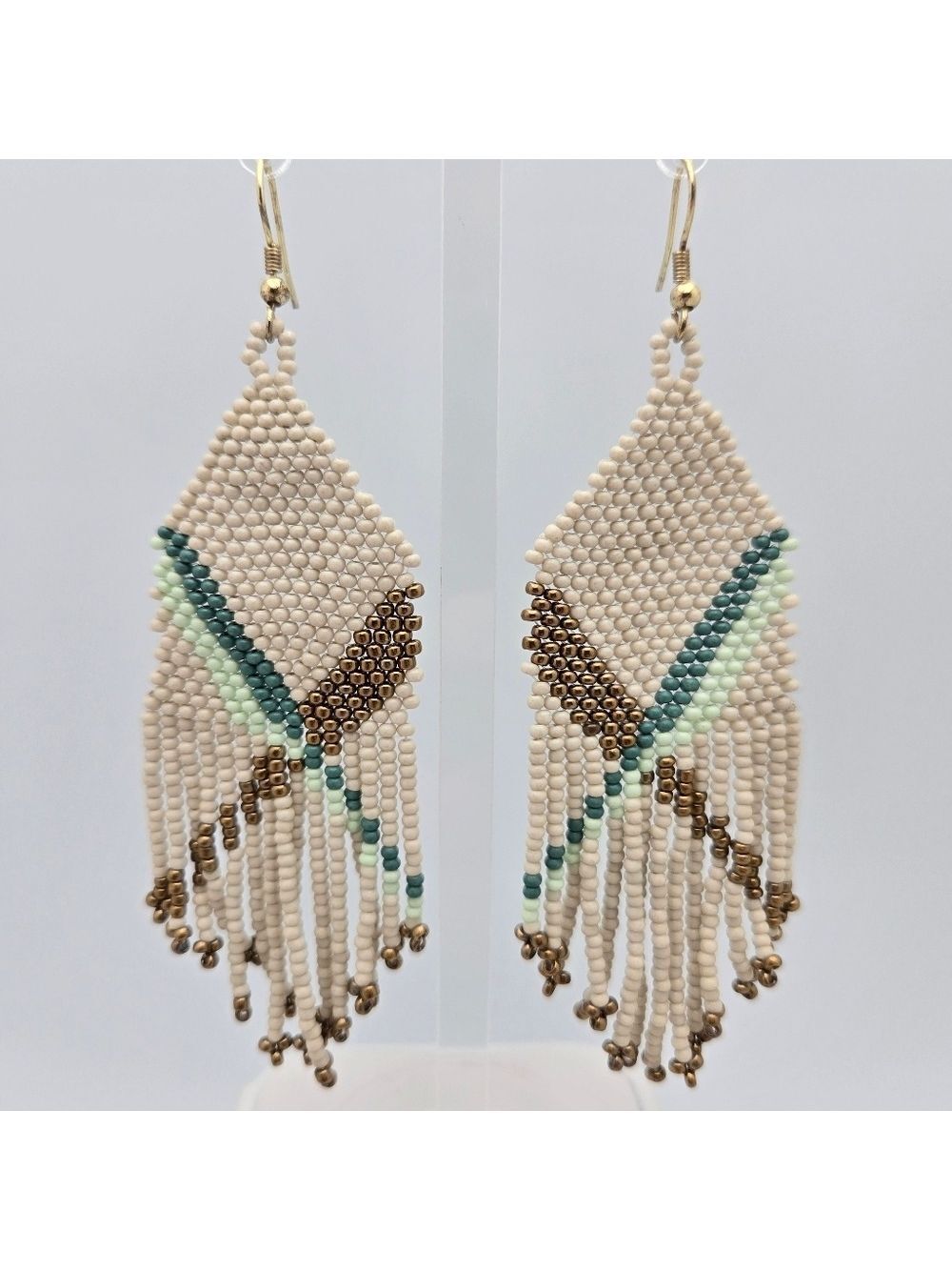 Ink + Alloy Handmade Green Gold Beaded Fringe Designer Earrings 3.5''